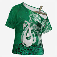 New Zealand Matariki Cross Shoulder Shirt Maori Manaia Galaxy Silver Fern Green Color LT22 Female Green - Polynesian Pride