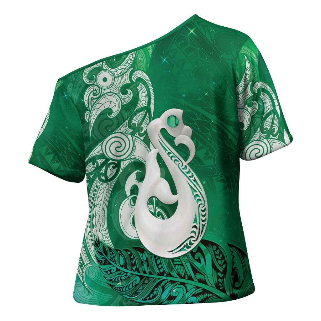 New Zealand Matariki Cross Shoulder Shirt Maori Manaia Galaxy Silver Fern Green Color LT22 - Polynesian Pride
