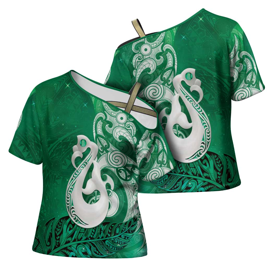 New Zealand Matariki Cross Shoulder Shirt Maori Manaia Galaxy Silver Fern Green Color LT22 - Polynesian Pride