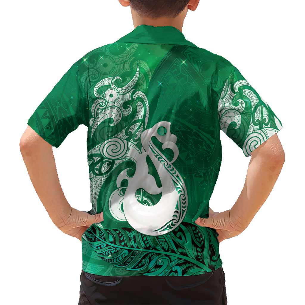 New Zealand Matariki Family Matching Off Shoulder Maxi Dress and Hawaiian Shirt Maori Manaia Galaxy Silver Fern Green Color LT22 - Polynesian Pride