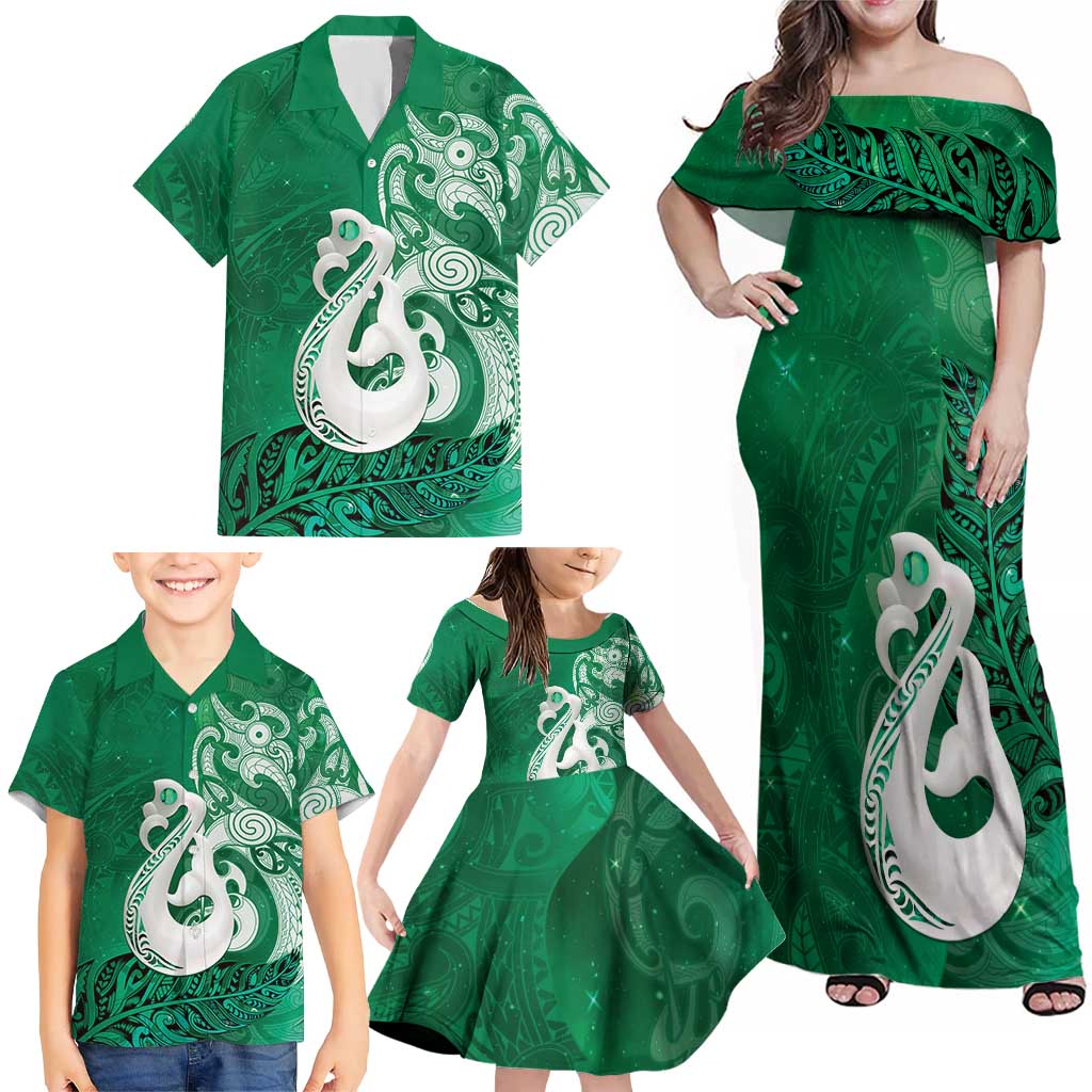 New Zealand Matariki Family Matching Off Shoulder Maxi Dress and Hawaiian Shirt Maori Manaia Galaxy Silver Fern Green Color LT22 - Polynesian Pride