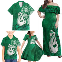 New Zealand Matariki Family Matching Off Shoulder Maxi Dress and Hawaiian Shirt Maori Manaia Galaxy Silver Fern Green Color LT22 - Polynesian Pride