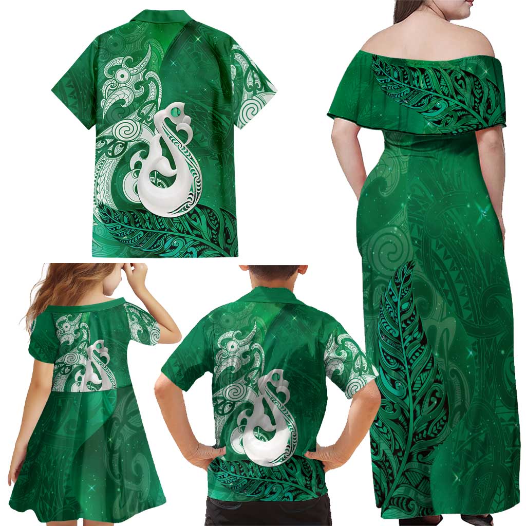 New Zealand Matariki Family Matching Off Shoulder Maxi Dress and Hawaiian Shirt Maori Manaia Galaxy Silver Fern Green Color LT22 - Polynesian Pride