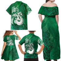 New Zealand Matariki Family Matching Off Shoulder Maxi Dress and Hawaiian Shirt Maori Manaia Galaxy Silver Fern Green Color LT22 - Polynesian Pride