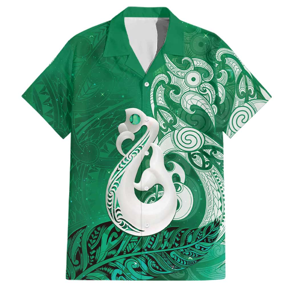 New Zealand Matariki Family Matching Off Shoulder Maxi Dress and Hawaiian Shirt Maori Manaia Galaxy Silver Fern Green Color LT22 Dad's Shirt - Short Sleeve Green - Polynesian Pride