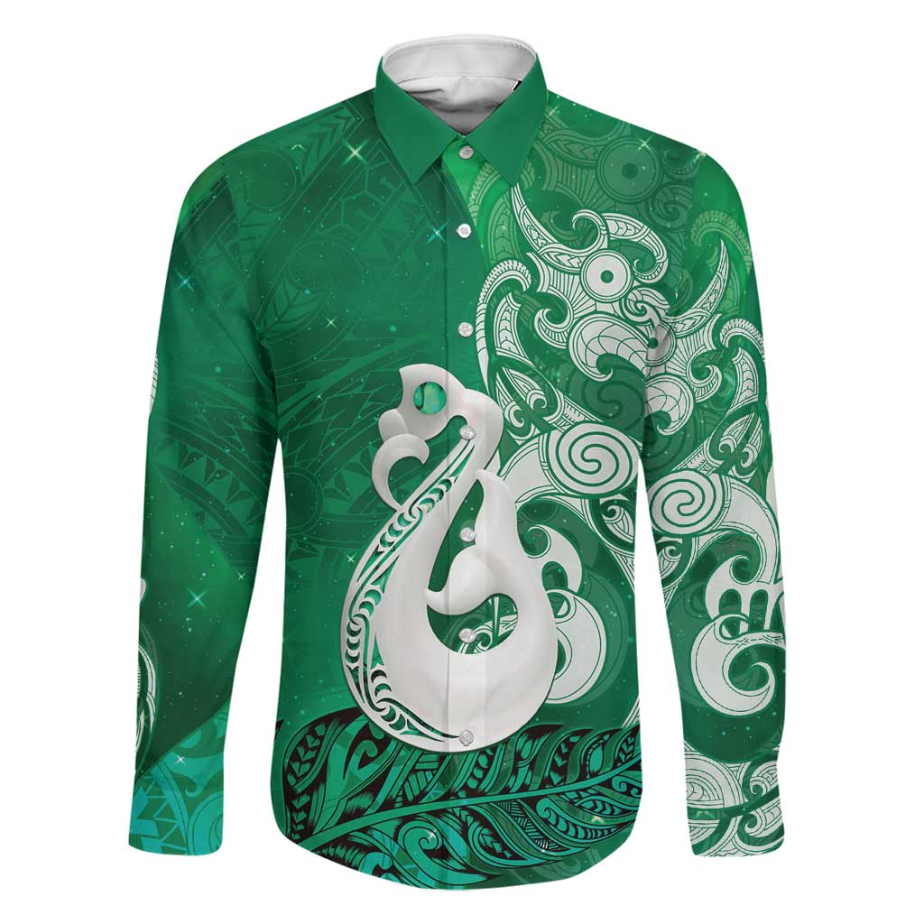 New Zealand Matariki Family Matching Off Shoulder Maxi Dress and Hawaiian Shirt Maori Manaia Galaxy Silver Fern Green Color LT22 Dad's Shirt - Long Sleeve Green - Polynesian Pride