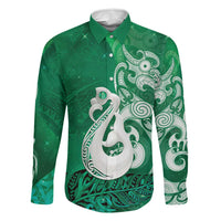 New Zealand Matariki Family Matching Off Shoulder Maxi Dress and Hawaiian Shirt Maori Manaia Galaxy Silver Fern Green Color LT22 Dad's Shirt - Long Sleeve Green - Polynesian Pride