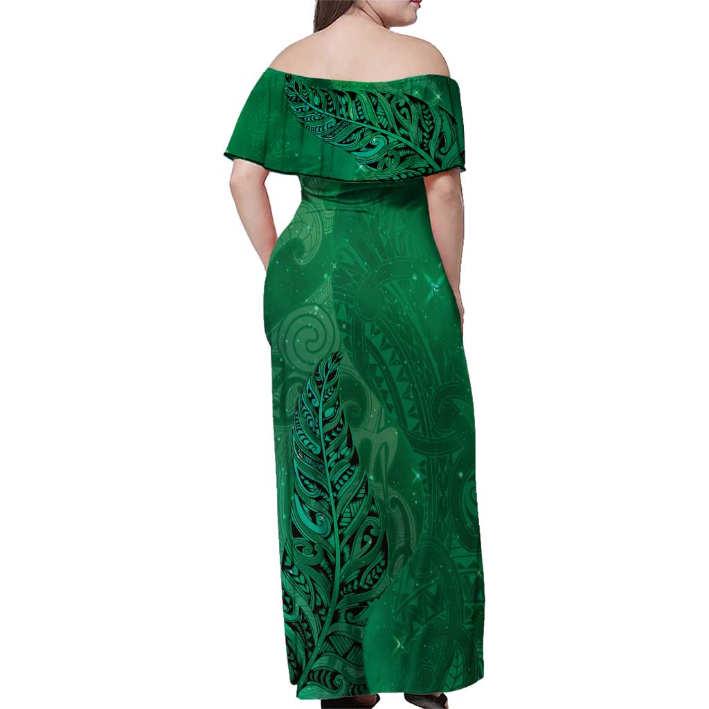 New Zealand Matariki Family Matching Off Shoulder Maxi Dress and Hawaiian Shirt Maori Manaia Galaxy Silver Fern Green Color LT22 - Polynesian Pride