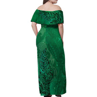 New Zealand Matariki Family Matching Off Shoulder Maxi Dress and Hawaiian Shirt Maori Manaia Galaxy Silver Fern Green Color LT22 - Polynesian Pride