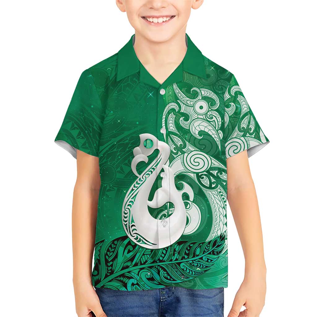 New Zealand Matariki Family Matching Off Shoulder Maxi Dress and Hawaiian Shirt Maori Manaia Galaxy Silver Fern Green Color LT22 Son's Shirt Green - Polynesian Pride