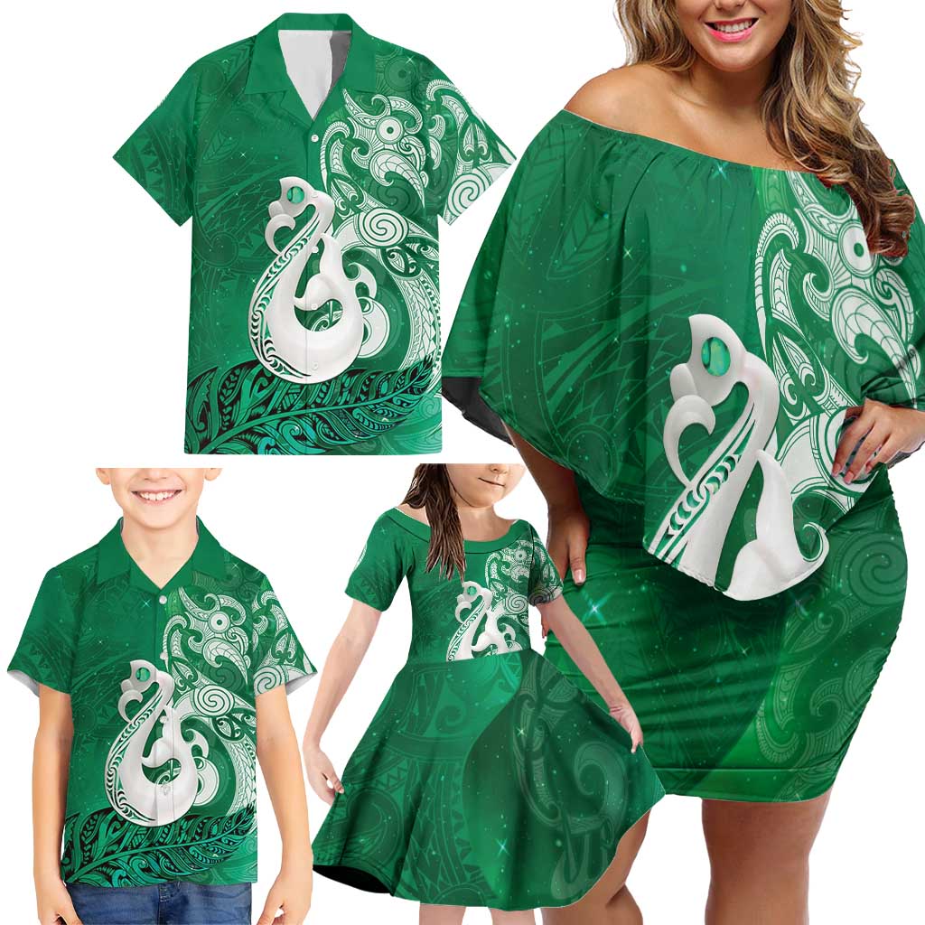 New Zealand Matariki Family Matching Off Shoulder Short Dress and Hawaiian Shirt Maori Manaia Galaxy Silver Fern Green Color LT22 - Polynesian Pride