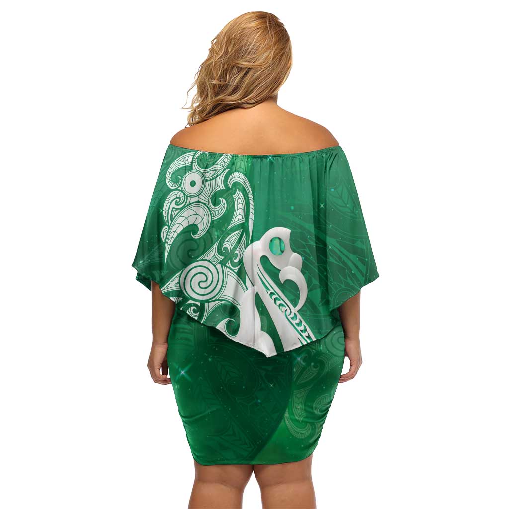 New Zealand Matariki Family Matching Off Shoulder Short Dress and Hawaiian Shirt Maori Manaia Galaxy Silver Fern Green Color LT22 - Polynesian Pride