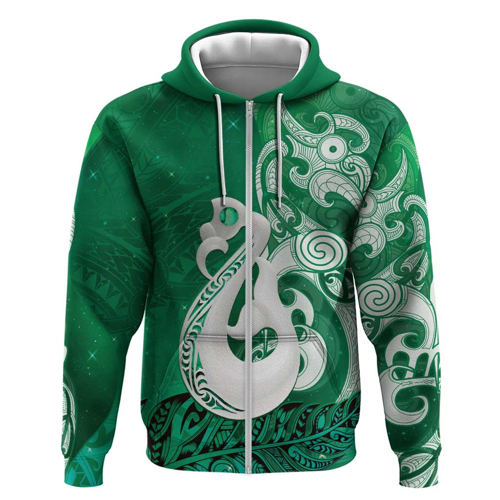New Zealand Matariki Hoodie Maori Manaia Galaxy Silver Fern Green Color LT22 Zip Hoodie Green - Polynesian Pride