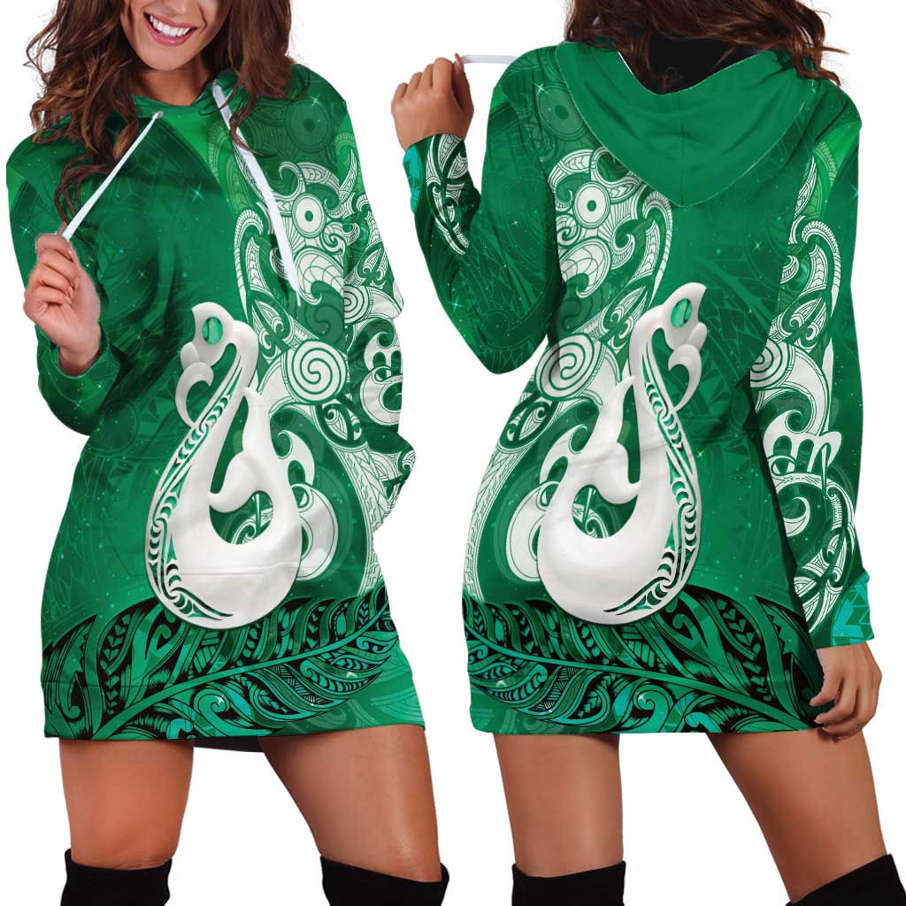 New Zealand Matariki Hoodie Dress Maori Manaia Galaxy Silver Fern Green Color LT22 - Polynesian Pride