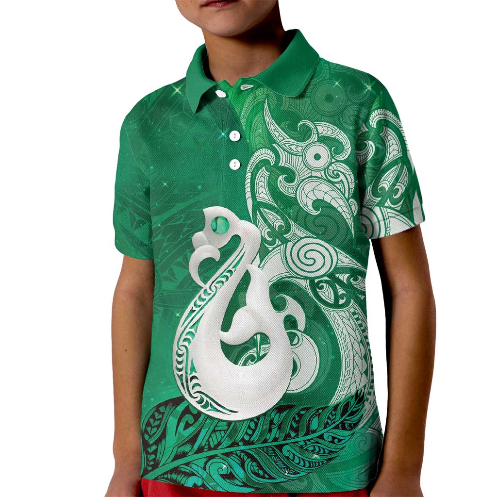 New Zealand Matariki Kid Polo Shirt Maori Manaia Galaxy Silver Fern Green Color LT22 Kid Green - Polynesian Pride