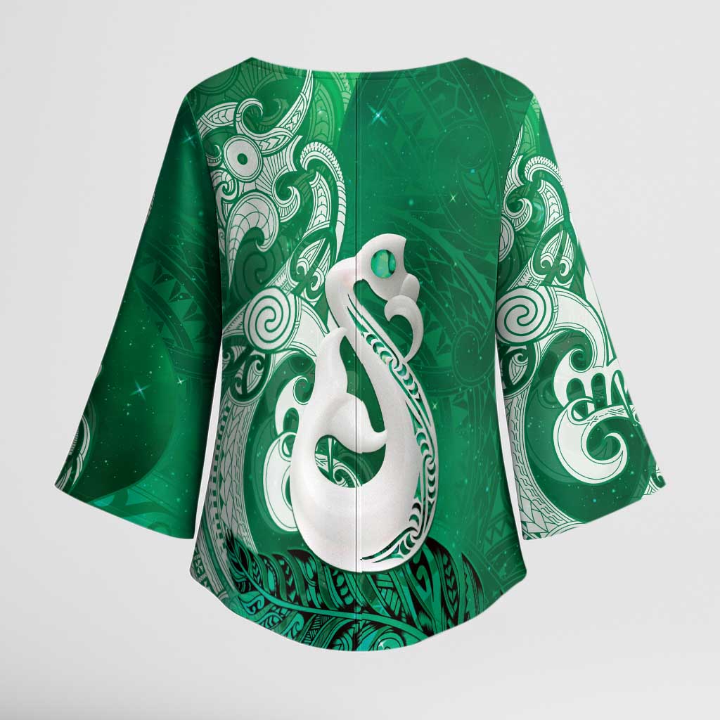 New Zealand Matariki Kimono Sleeve Blouse Maori Manaia Galaxy Silver Fern Green Color
