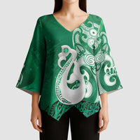 New Zealand Matariki Kimono Sleeve Blouse Maori Manaia Galaxy Silver Fern Green Color