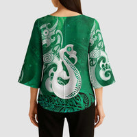 New Zealand Matariki Kimono Sleeve Blouse Maori Manaia Galaxy Silver Fern Green Color