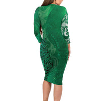 New Zealand Matariki Long Sleeve Bodycon Dress Maori Manaia Galaxy Silver Fern Green Color LT22 - Polynesian Pride