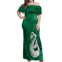 New Zealand Matariki Off Shoulder Maxi Dress Maori Manaia Galaxy Silver Fern Green Color LT22 Women Green - Polynesian Pride