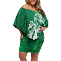 New Zealand Matariki Off Shoulder Short Dress Maori Manaia Galaxy Silver Fern Green Color LT22 Women Green - Polynesian Pride