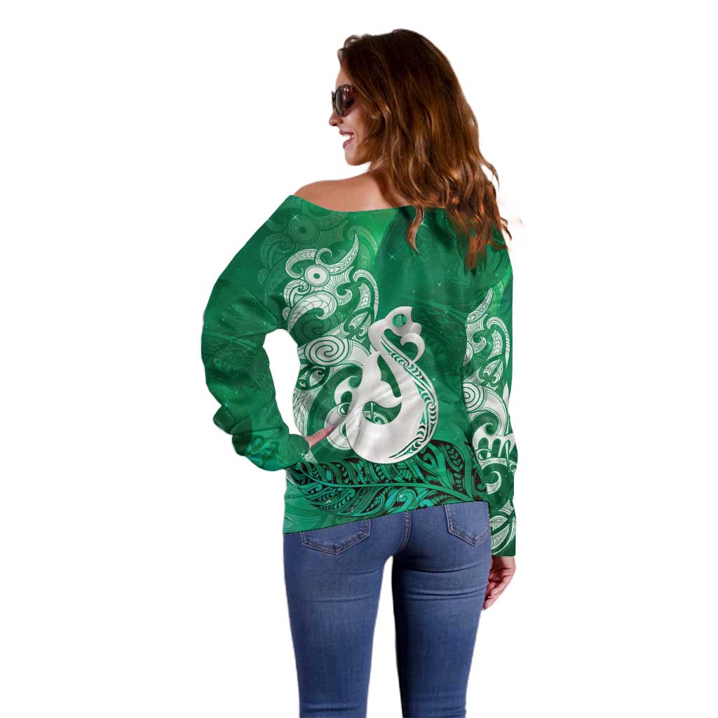 New Zealand Matariki Off Shoulder Sweater Maori Manaia Galaxy Silver Fern Green Color
