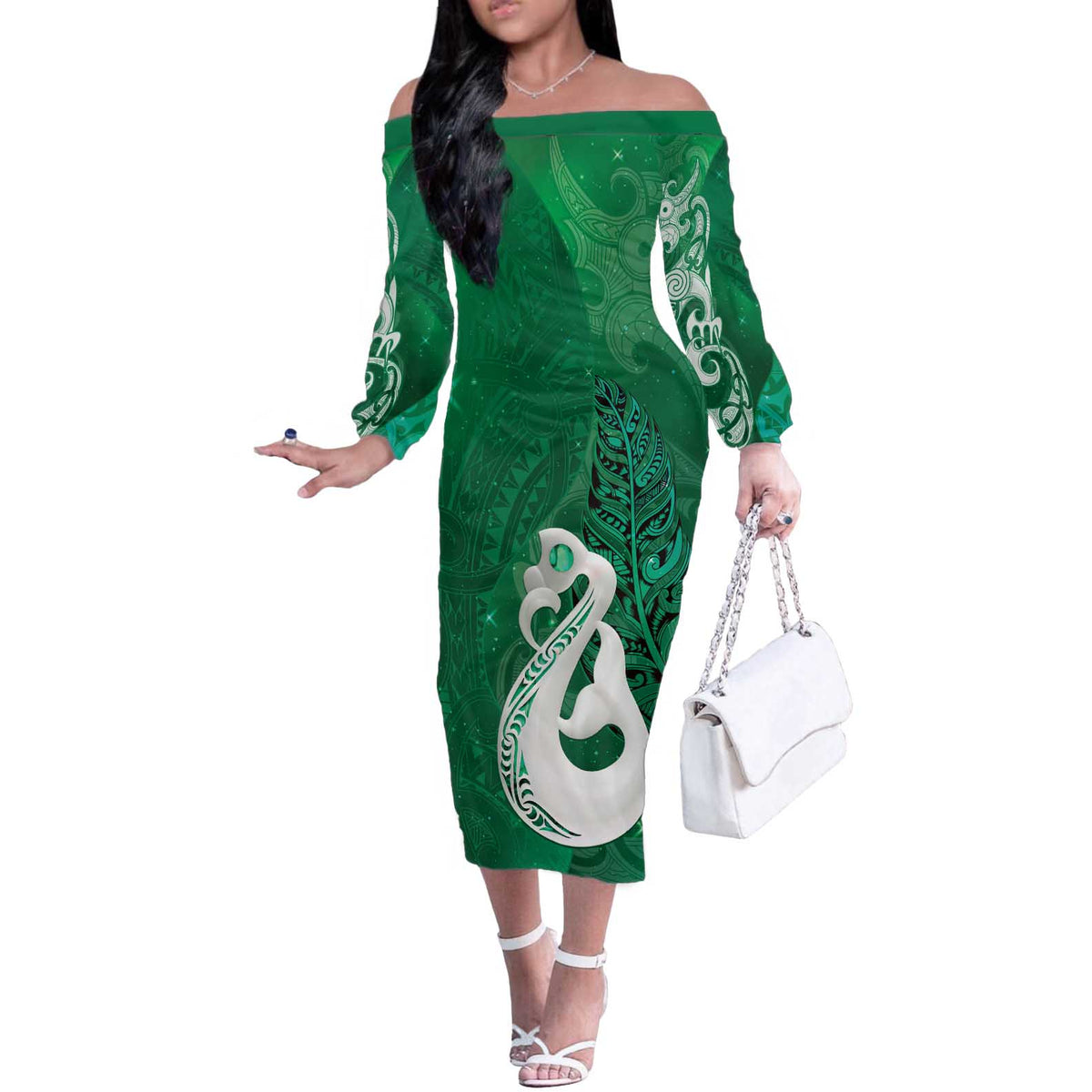 New Zealand Matariki Off The Shoulder Long Sleeve Dress Maori Manaia Galaxy Silver Fern Green Color LT22 Women Green - Polynesian Pride