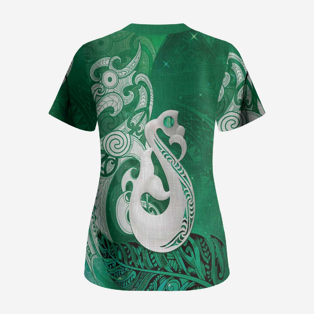 New Zealand Matariki Scrub Top Maori Manaia Galaxy Silver Fern Green Color