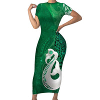 New Zealand Matariki Short Sleeve Bodycon Dress Maori Manaia Galaxy Silver Fern Green Color LT22 Long Dress Green - Polynesian Pride