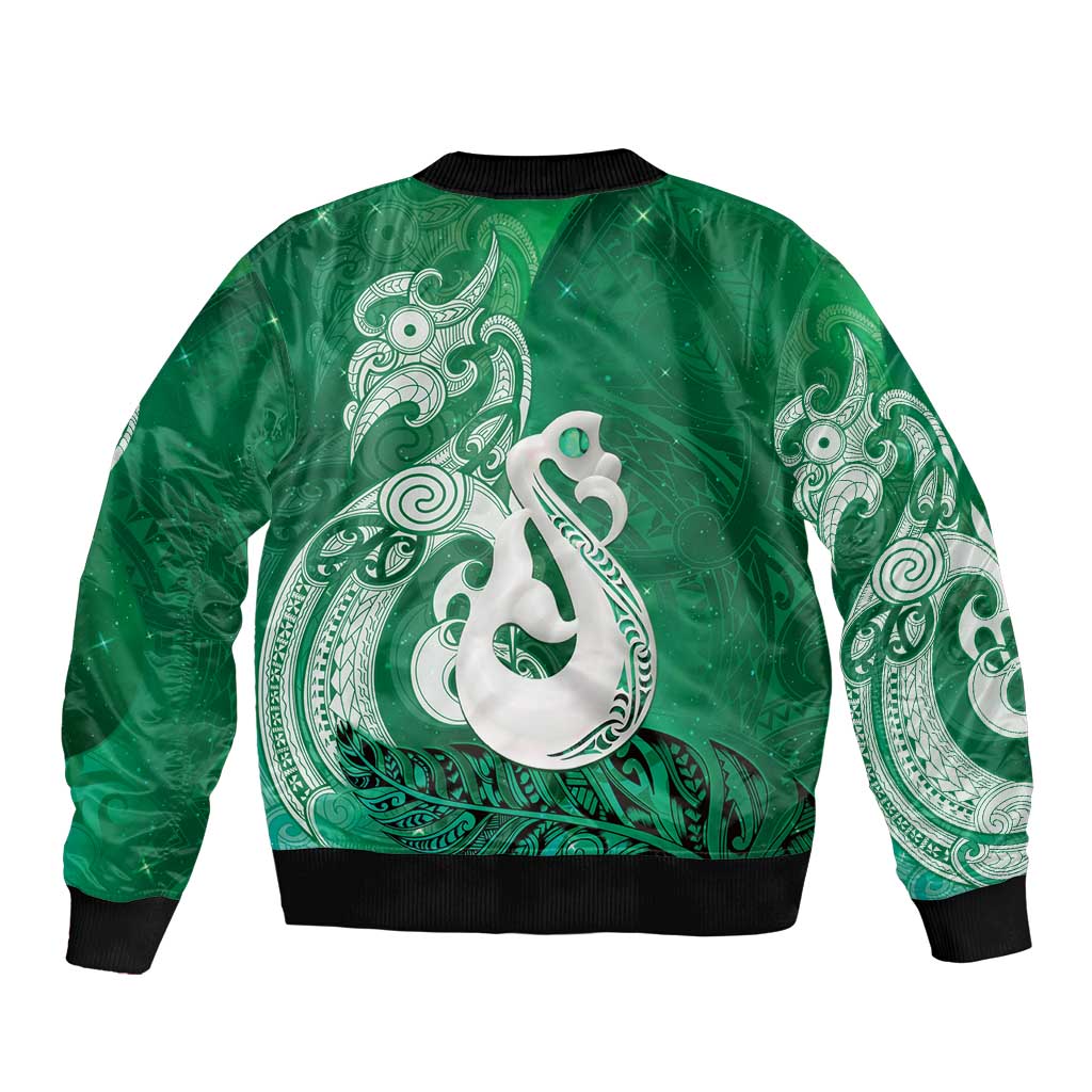 New Zealand Matariki Sleeve Zip Bomber Jacket Maori Manaia Galaxy Silver Fern Green Color