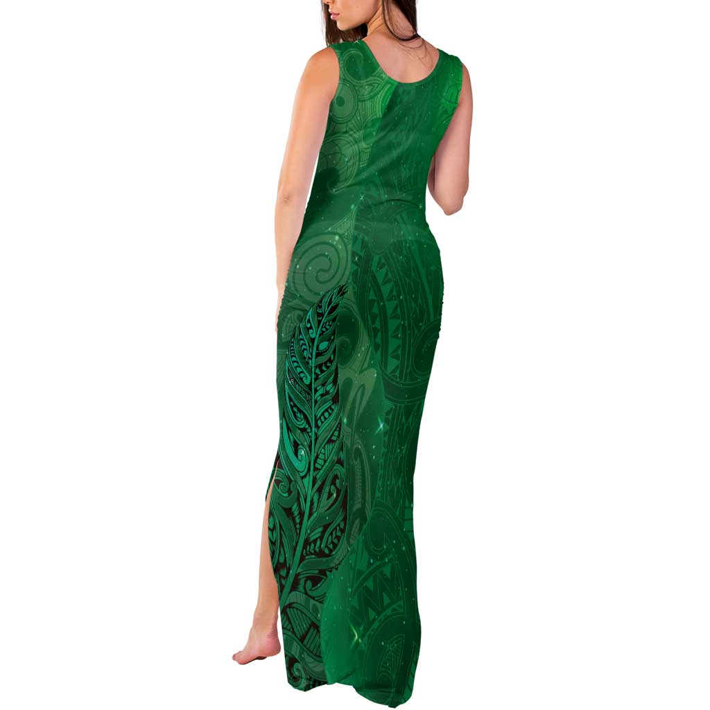 New Zealand Matariki Tank Maxi Dress Maori Manaia Galaxy Silver Fern Green Color