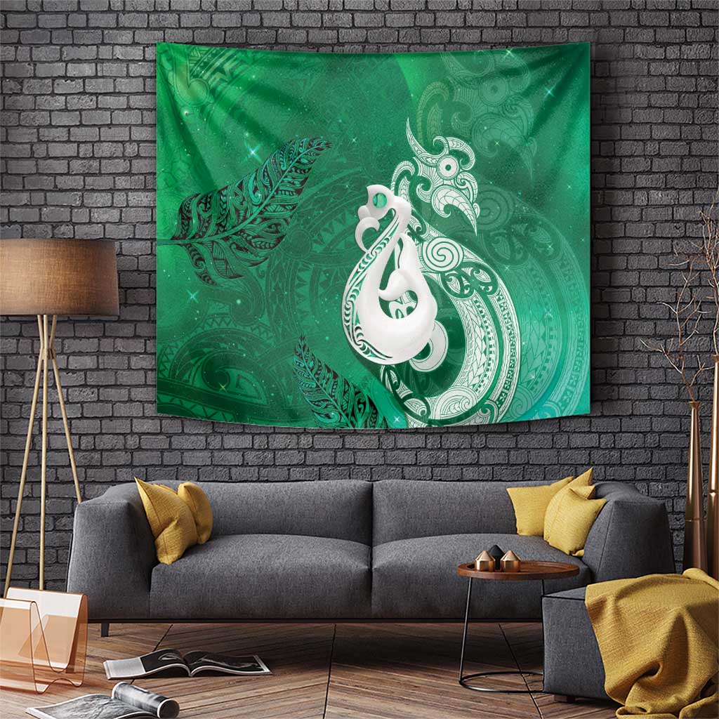New Zealand Matariki Tapestry Maori Manaia Galaxy Silver Fern Green Color LT22 Green - Polynesian Pride