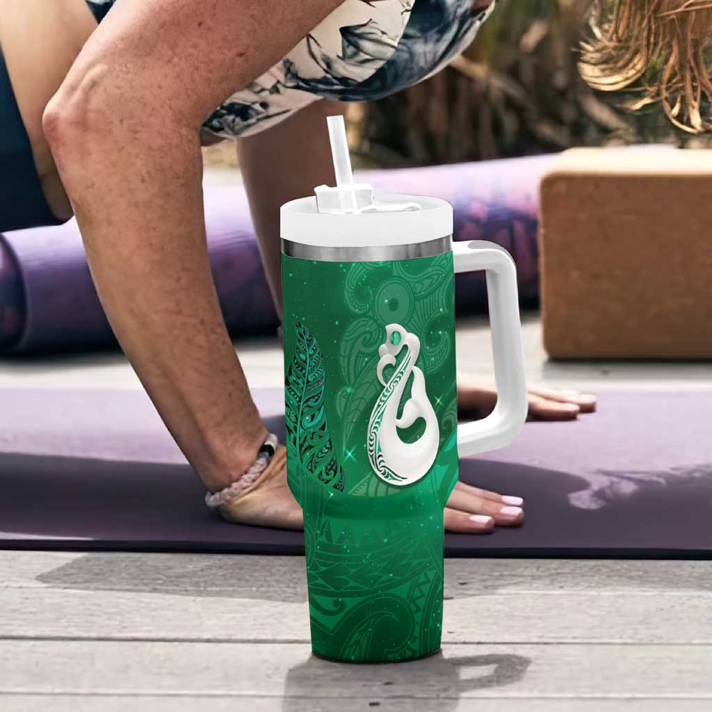 New Zealand Matariki Tumbler With Handle Maori Manaia Galaxy Silver Fern Green Color