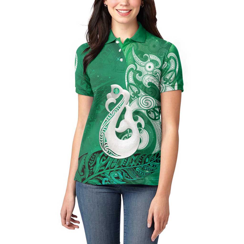 New Zealand Matariki Women Polo Shirt Maori Manaia Galaxy Silver Fern Green Color LT22 - Polynesian Pride