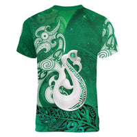New Zealand Matariki Women V-Neck T-Shirt Maori Manaia Galaxy Silver Fern Green Color LT22 - Polynesian Pride