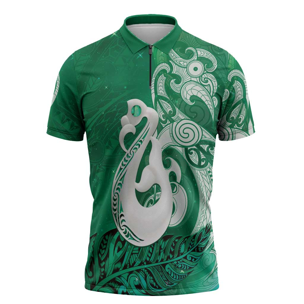 New Zealand Matariki Zipper Polo Shirt Maori Manaia Galaxy Silver Fern Green Color LT22 Green - Polynesian Pride