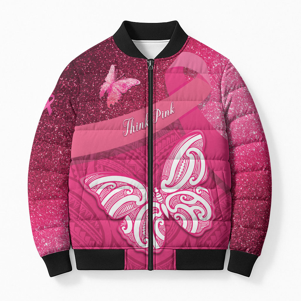New Zealand Breast Cancer Awareness Bomber Puffer Jacket Pink Ribbon Butterfly Maori Pattern