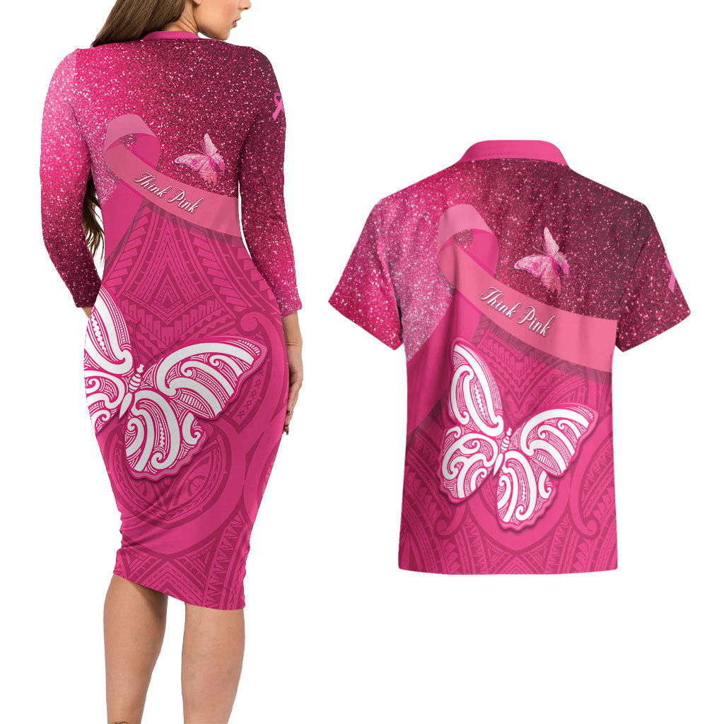 New Zealand Breast Cancer Awareness Couples Matching Long Sleeve Bodycon Dress and Hawaiian Shirt Pink Ribbon Butterfly Maori Pattern