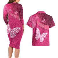 New Zealand Breast Cancer Awareness Couples Matching Long Sleeve Bodycon Dress and Hawaiian Shirt Pink Ribbon Butterfly Maori Pattern