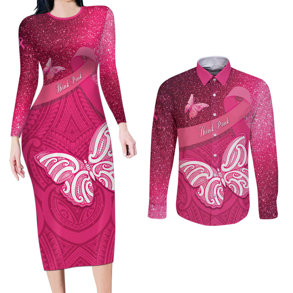 New Zealand Breast Cancer Awareness Couples Matching Long Sleeve Bodycon Dress and Long Sleeve Button Shirt Pink Ribbon Butterfly Maori Pattern