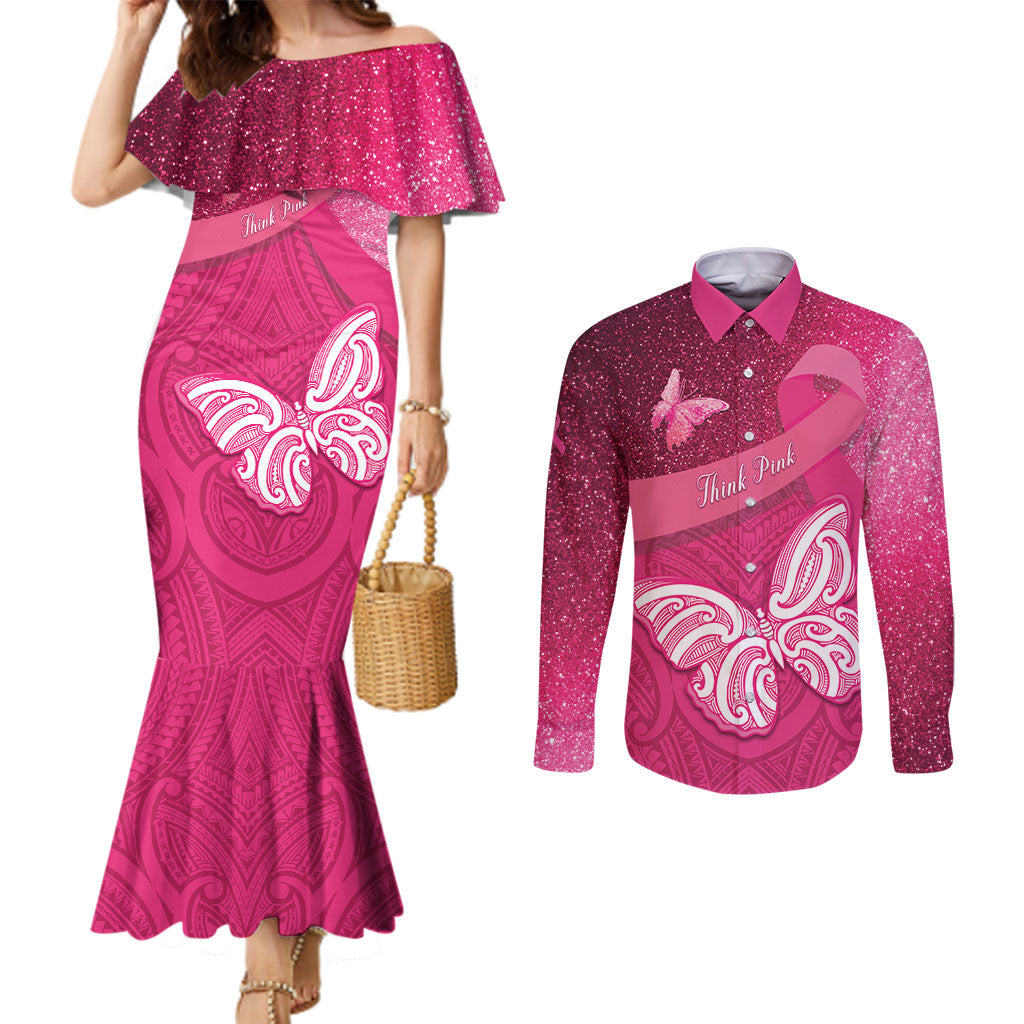 New Zealand Breast Cancer Awareness Couples Matching Mermaid Dress and Long Sleeve Button Shirt Pink Ribbon Butterfly Maori Pattern LT22 Pink - Polynesian Pride