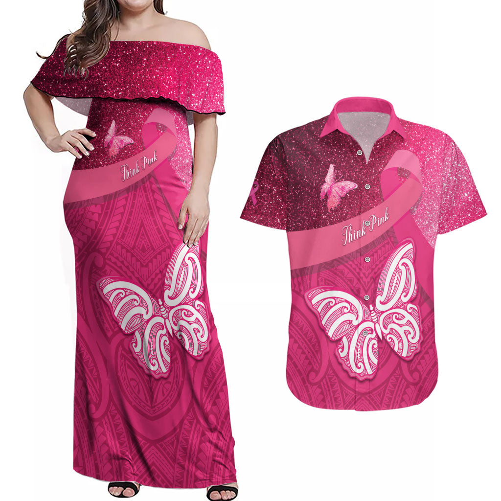 New Zealand Breast Cancer Awareness Couples Matching Off Shoulder Maxi Dress and Hawaiian Shirt Pink Ribbon Butterfly Maori Pattern