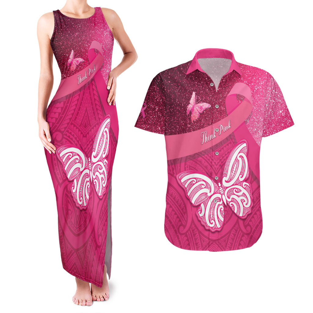 New Zealand Breast Cancer Awareness Couples Matching Tank Maxi Dress and Hawaiian Shirt Pink Ribbon Butterfly Maori Pattern LT22 Pink - Polynesian Pride