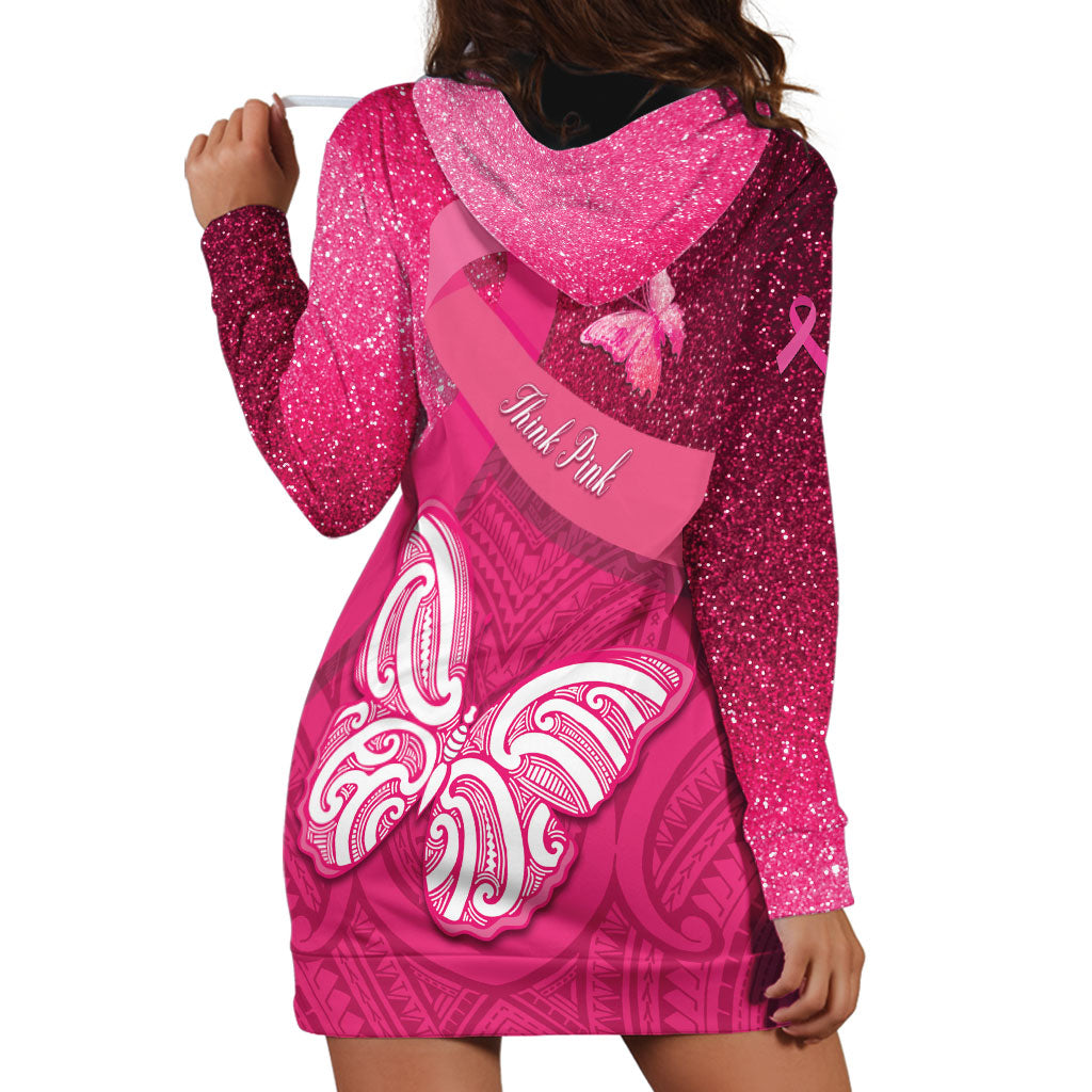 New Zealand Breast Cancer Awareness Hoodie Dress Pink Ribbon Butterfly Maori Pattern LT22 - Polynesian Pride