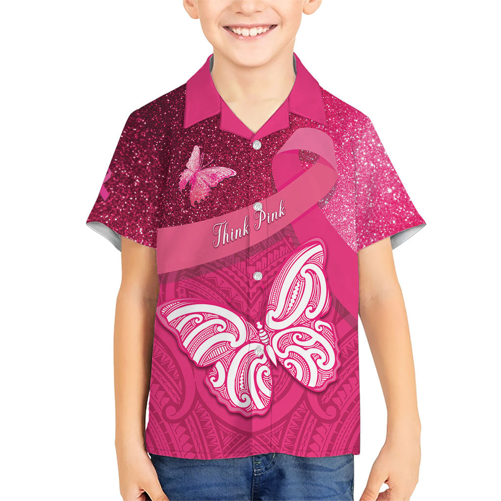 New Zealand Breast Cancer Awareness Kid Hawaiian Shirt Pink Ribbon Butterfly Maori Pattern