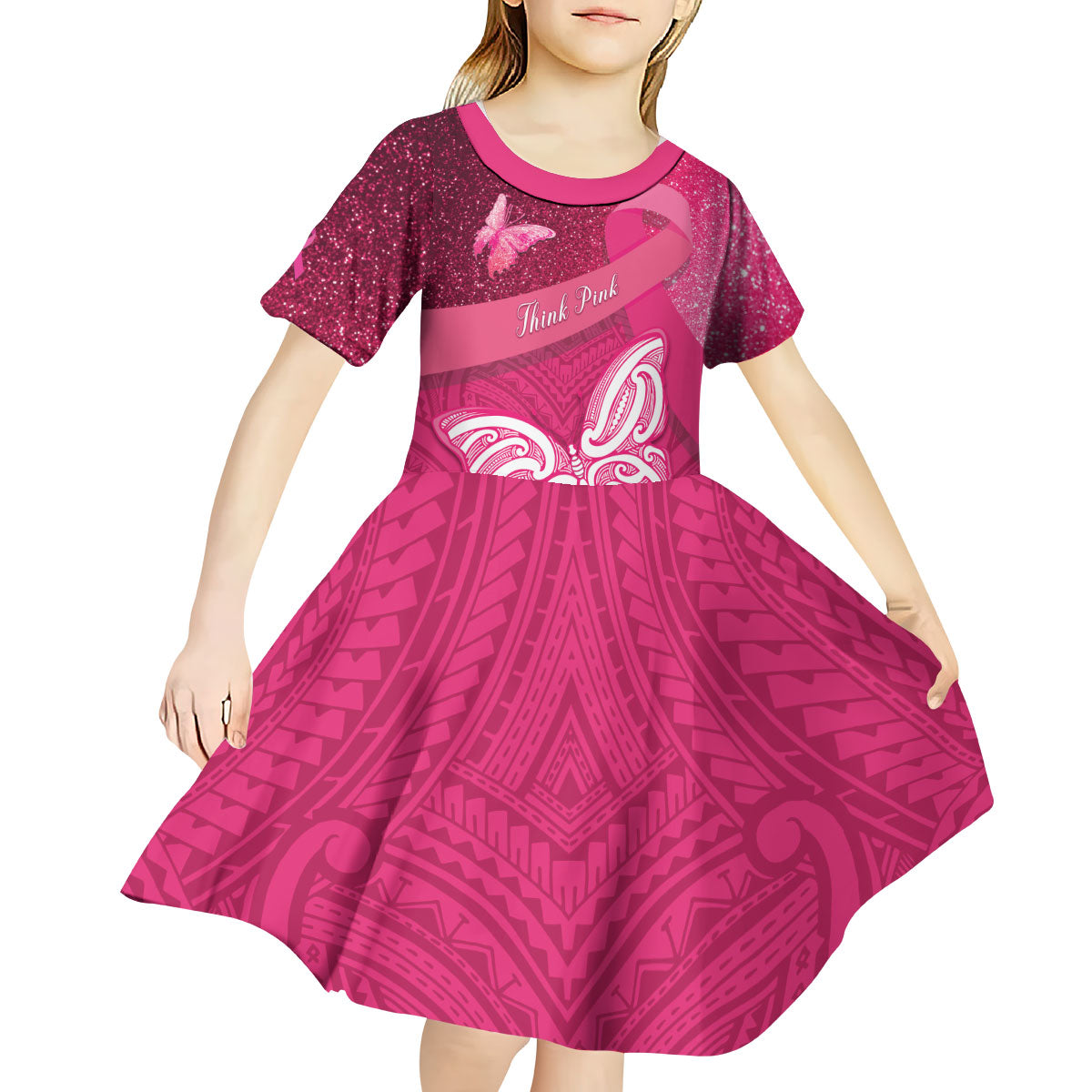New Zealand Breast Cancer Awareness Kid Short Sleeve Dress Pink Ribbon Butterfly Maori Pattern LT22 - Polynesian Pride