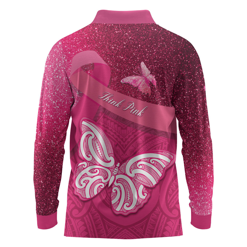 New Zealand Breast Cancer Awareness Long Sleeve Polo Shirt Pink Ribbon Butterfly Maori Pattern LT22 - Polynesian Pride