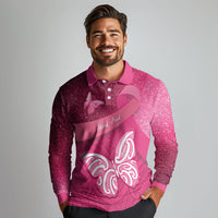New Zealand Breast Cancer Awareness Long Sleeve Polo Shirt Pink Ribbon Butterfly Maori Pattern LT22 - Polynesian Pride