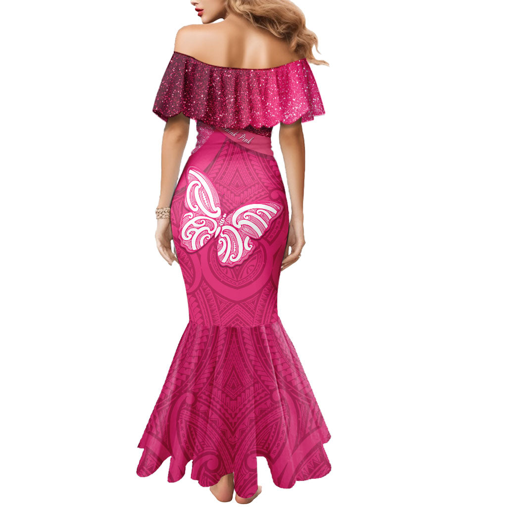 New Zealand Breast Cancer Awareness Mermaid Dress Pink Ribbon Butterfly Maori Pattern LT22 - Polynesian Pride