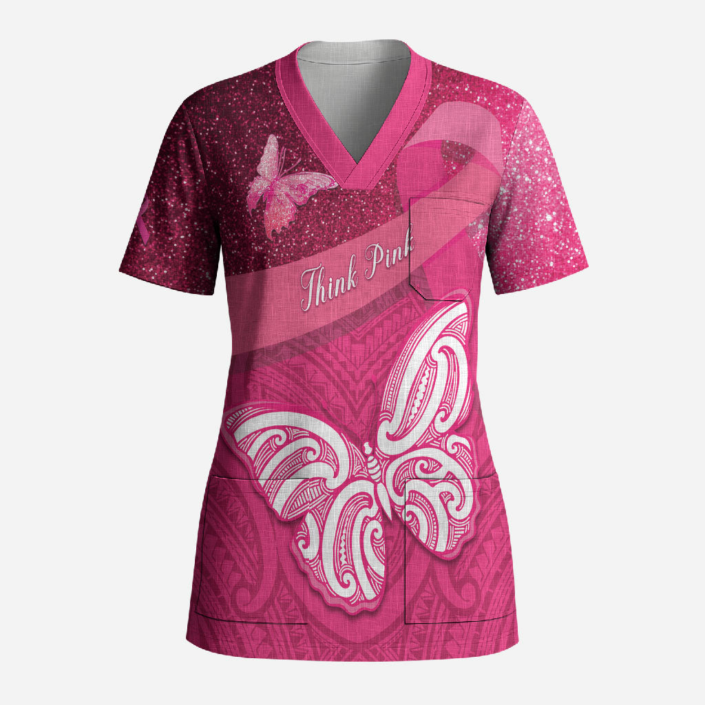 New Zealand Breast Cancer Awareness Scrub Top Pink Ribbon Butterfly Maori Pattern